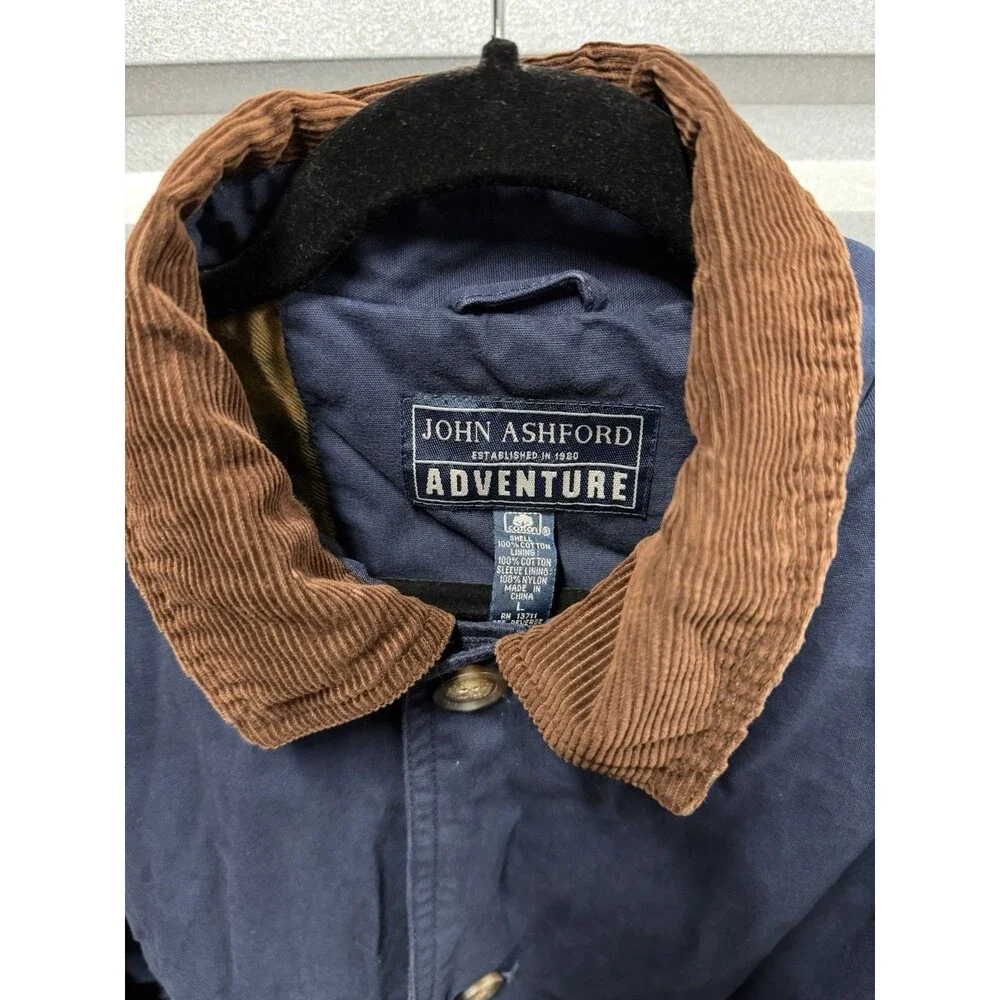 VTG John Ashford Men's Blue Jacket Brown Point Collar Button Front Regular Fit
